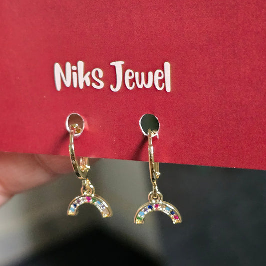 Rainbow Crystal Crescent Drop Hoop Earrings.
