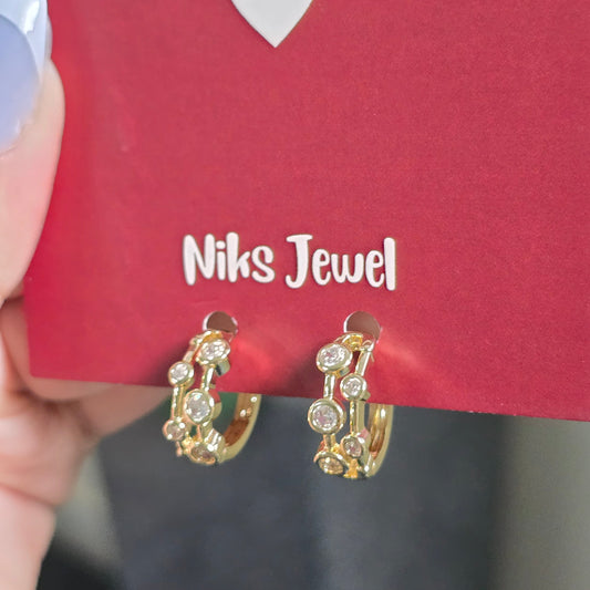 Gold-Plated CZ Studded Double Row Hoop Earrings.