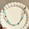 Turquoise Beaded Necklace with Jasper Cubes and Pearl Accents.
