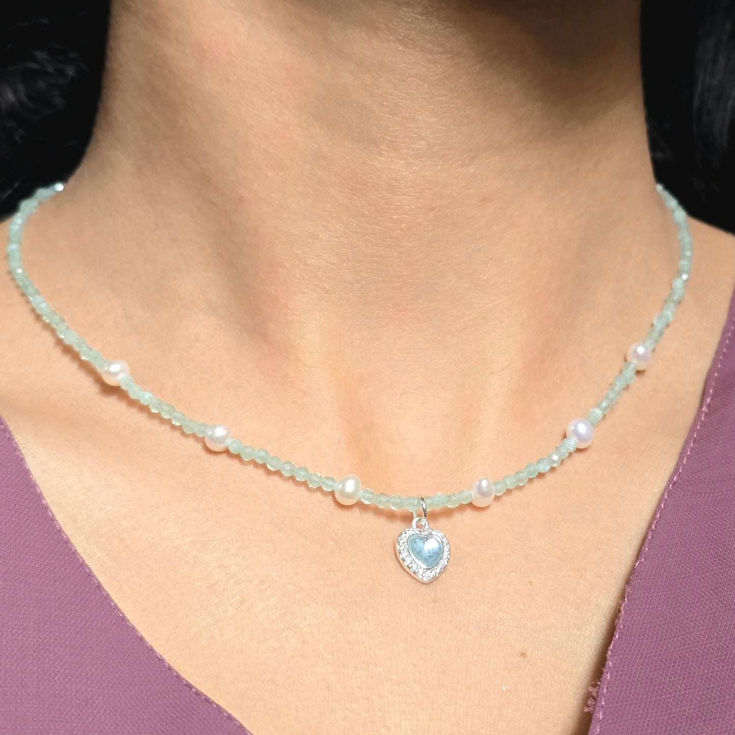 Aquamarine Beaded Pearl Necklace with Crystal Heart Pendant.