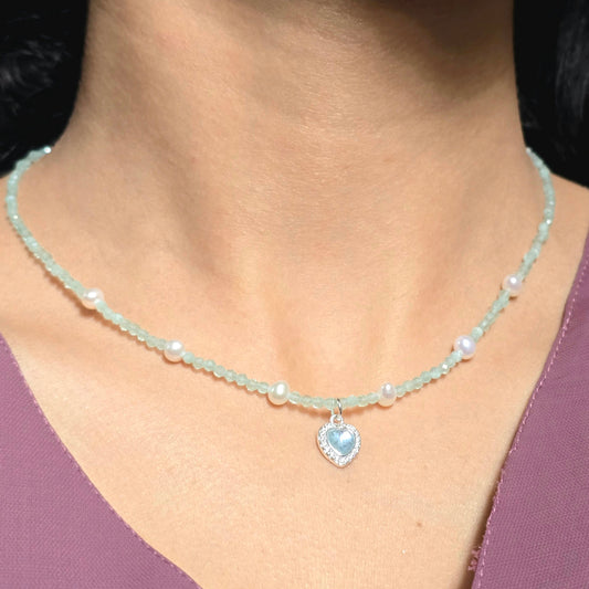 Aquamarine Beaded Pearl Necklace with Crystal Heart Pendant.