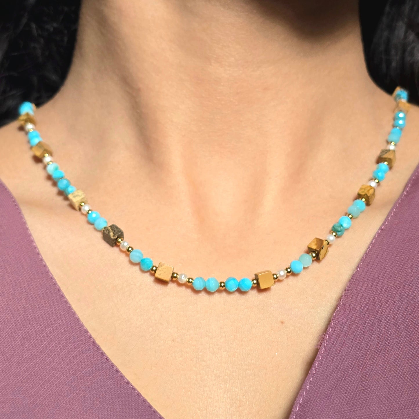 Turquoise Beaded Necklace with Jasper Cubes and Pearl Accents.