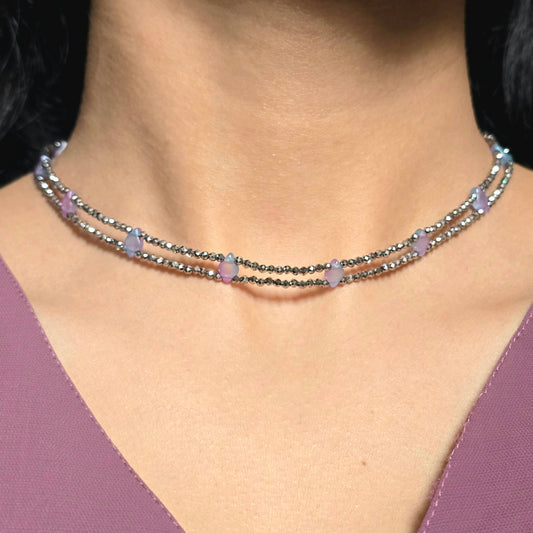 Double Strand Metallic Beaded Necklace with Iridescent Stone Accents.