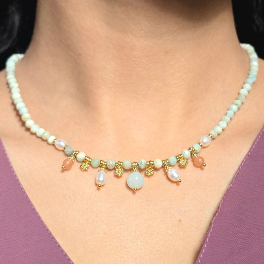 Beaded Gemstone Necklace with Pearl and Charm Drops.