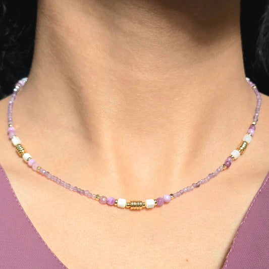 Amethyst Beaded Necklace with Gold and White Accents.