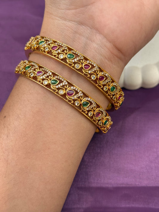 Elegant Gold-Toned Multicolour Stone Bangles In Temple