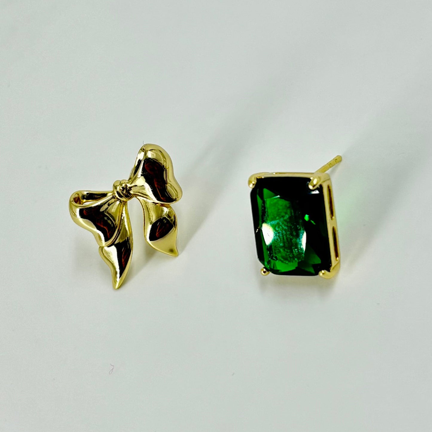 Mismatched Bow & Green Stone Studs