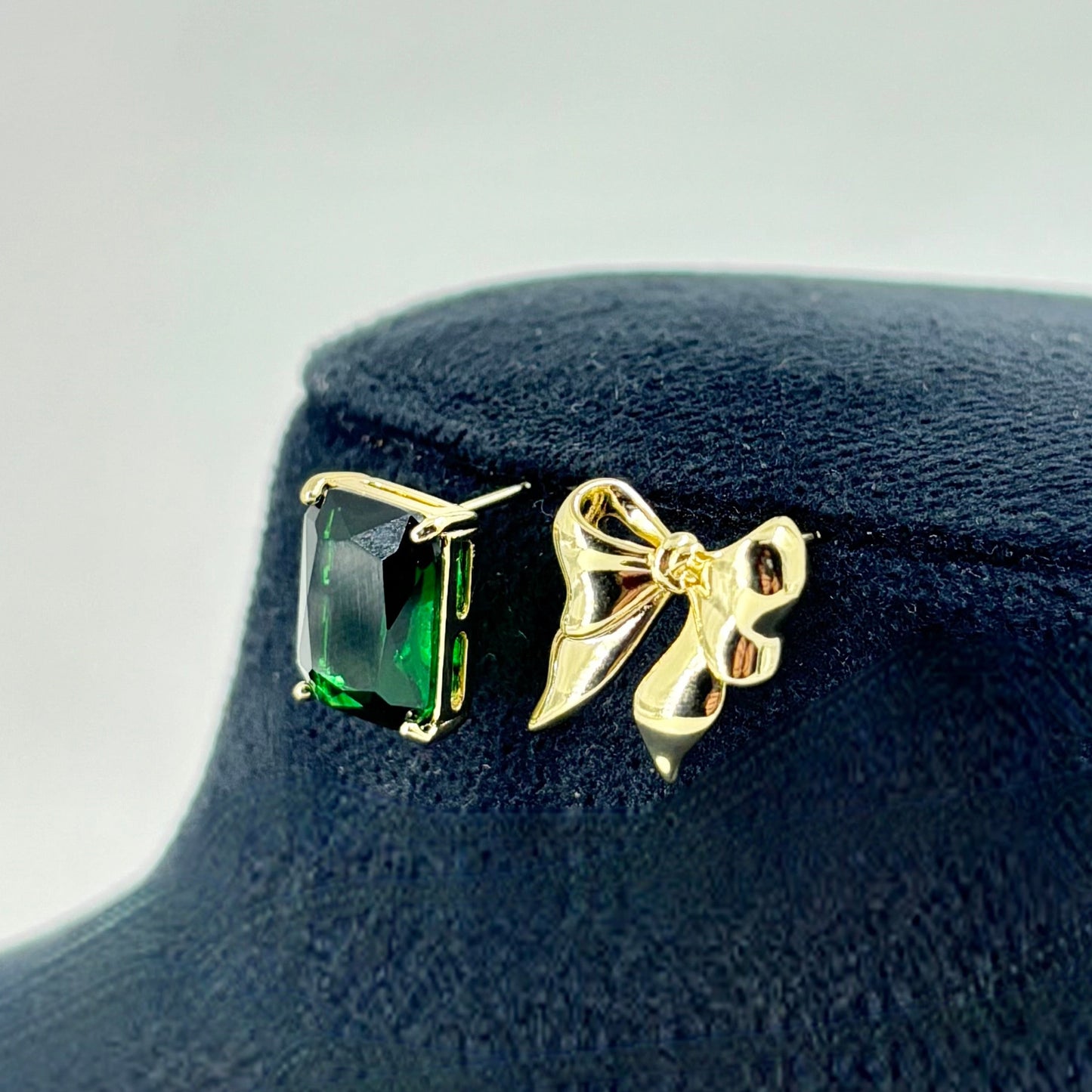 Mismatched Bow & Green Stone Studs