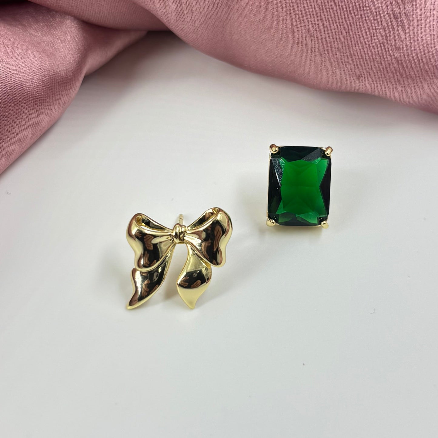 Mismatched Bow & Green Stone Studs