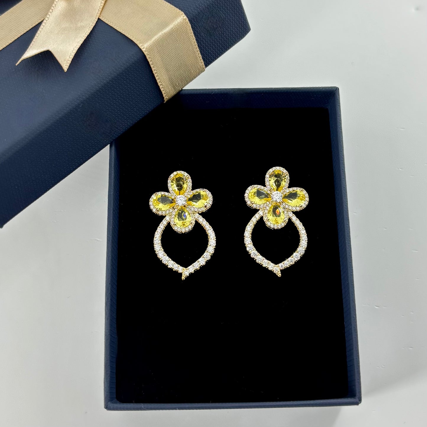 Yellow Crystal Floral Drop Earrings