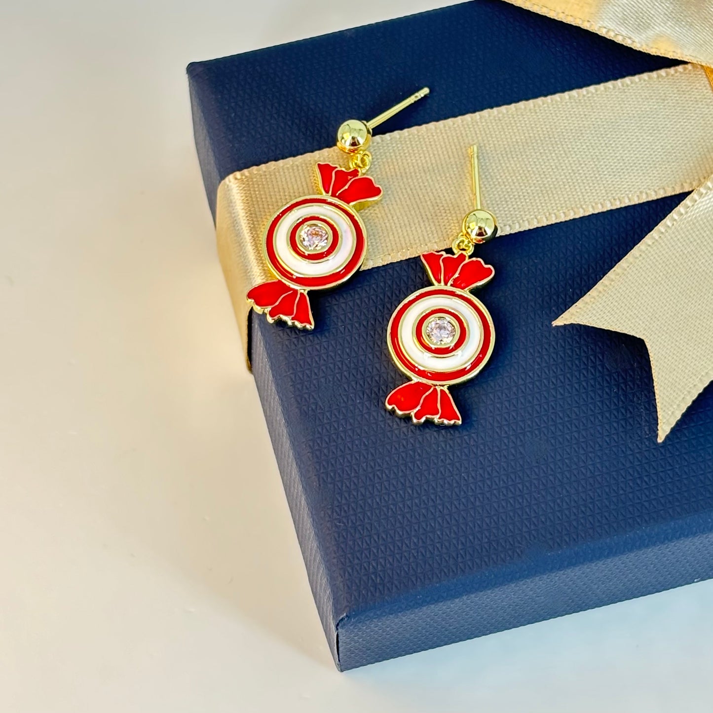 Gold-Plated Red & White Candy Earrings