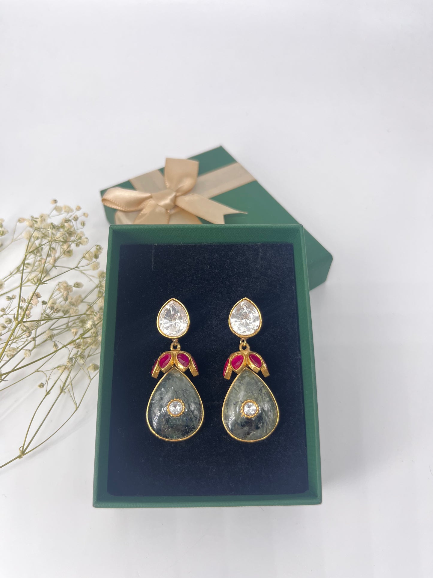 elegant labradorite kundan studded & ruby stone drop earring