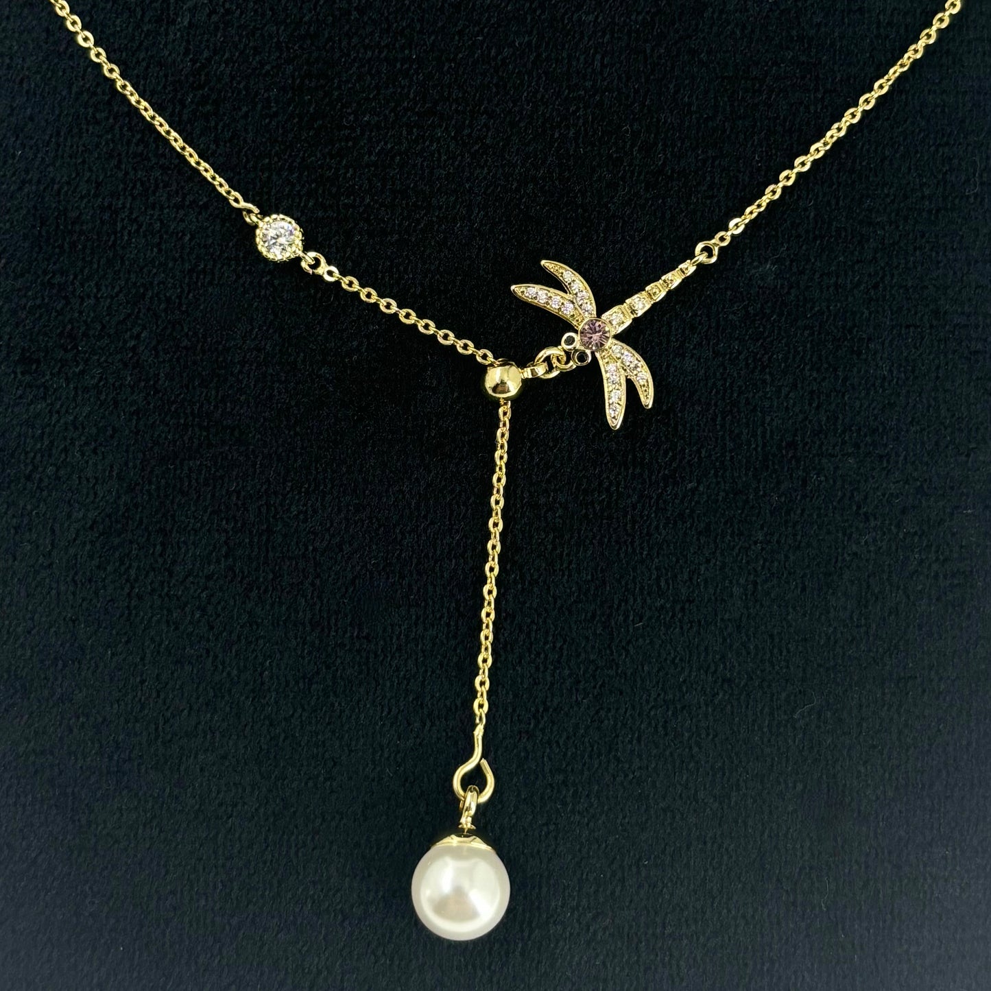 Gold-Plated Palm & Pearl Lariat Necklace