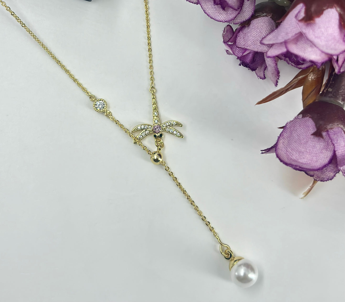 Gold-Plated Palm & Pearl Lariat Necklace