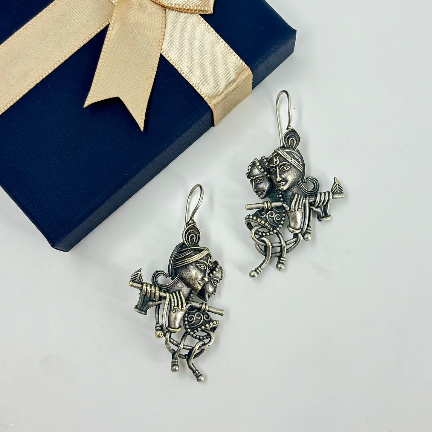 Radha Krishna Oxidized Silver Earrings