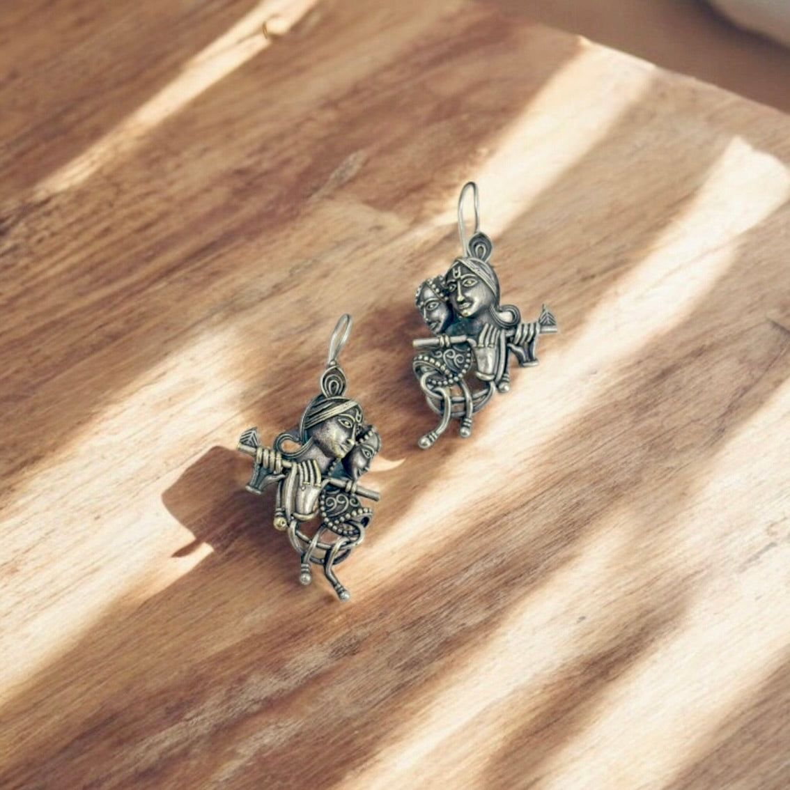 Radha Krishna Oxidized Silver Earrings
