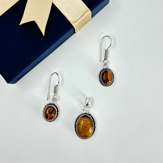 Natural Tiger Eye  stone pendant & earring set