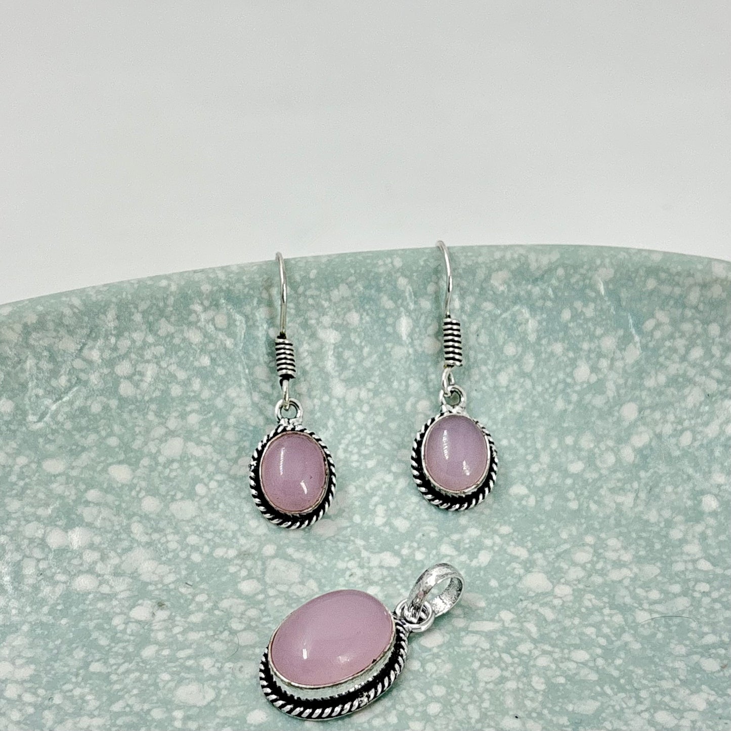 Natural Pink Chalcedony stone pendant & earring set