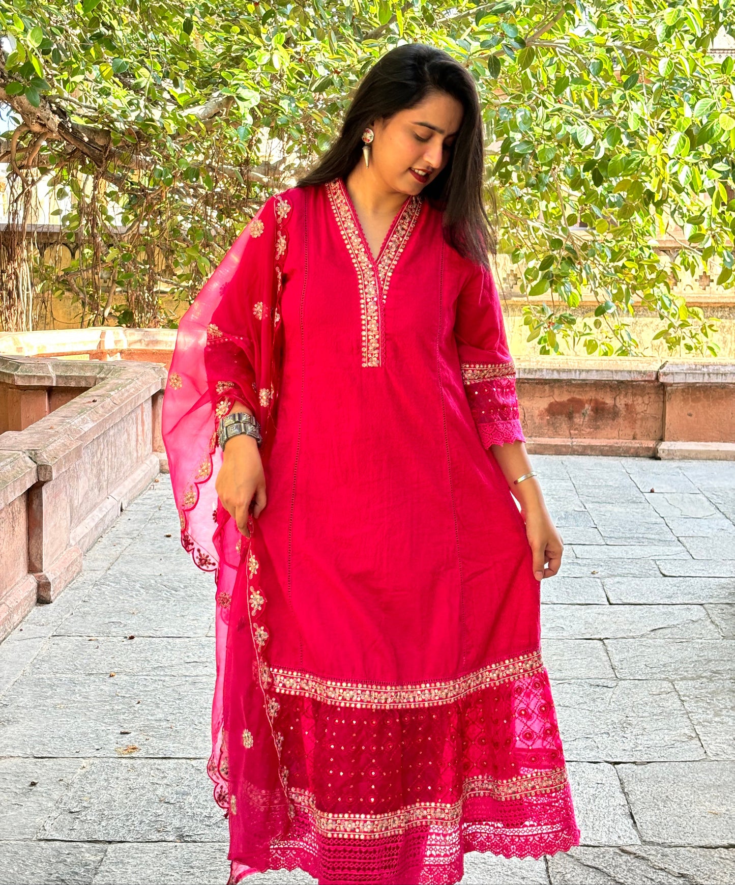 Pure Cotton Party Wear Anarkali in Schiffly Pattern