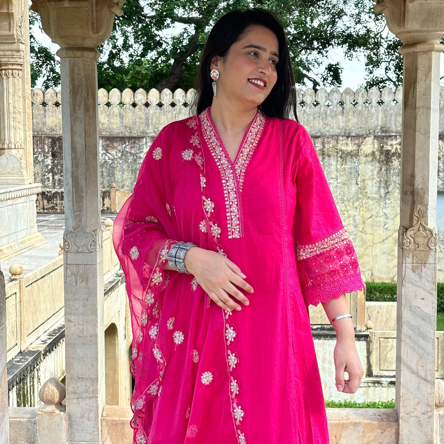 Pure Cotton Party Wear Anarkali in Schiffly Pattern