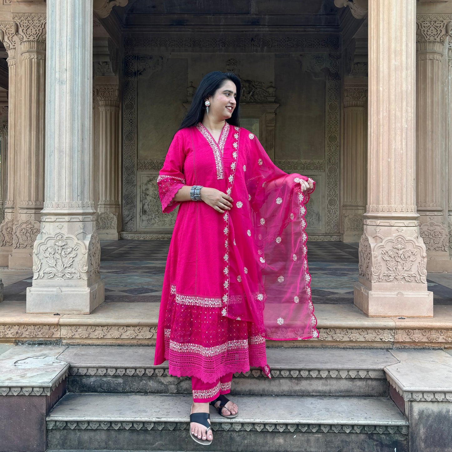 Pure Cotton Party Wear Anarkali in Schiffly Pattern