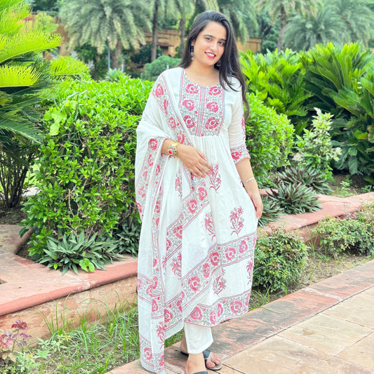 Mul-mul Cotton Block Printed Suit