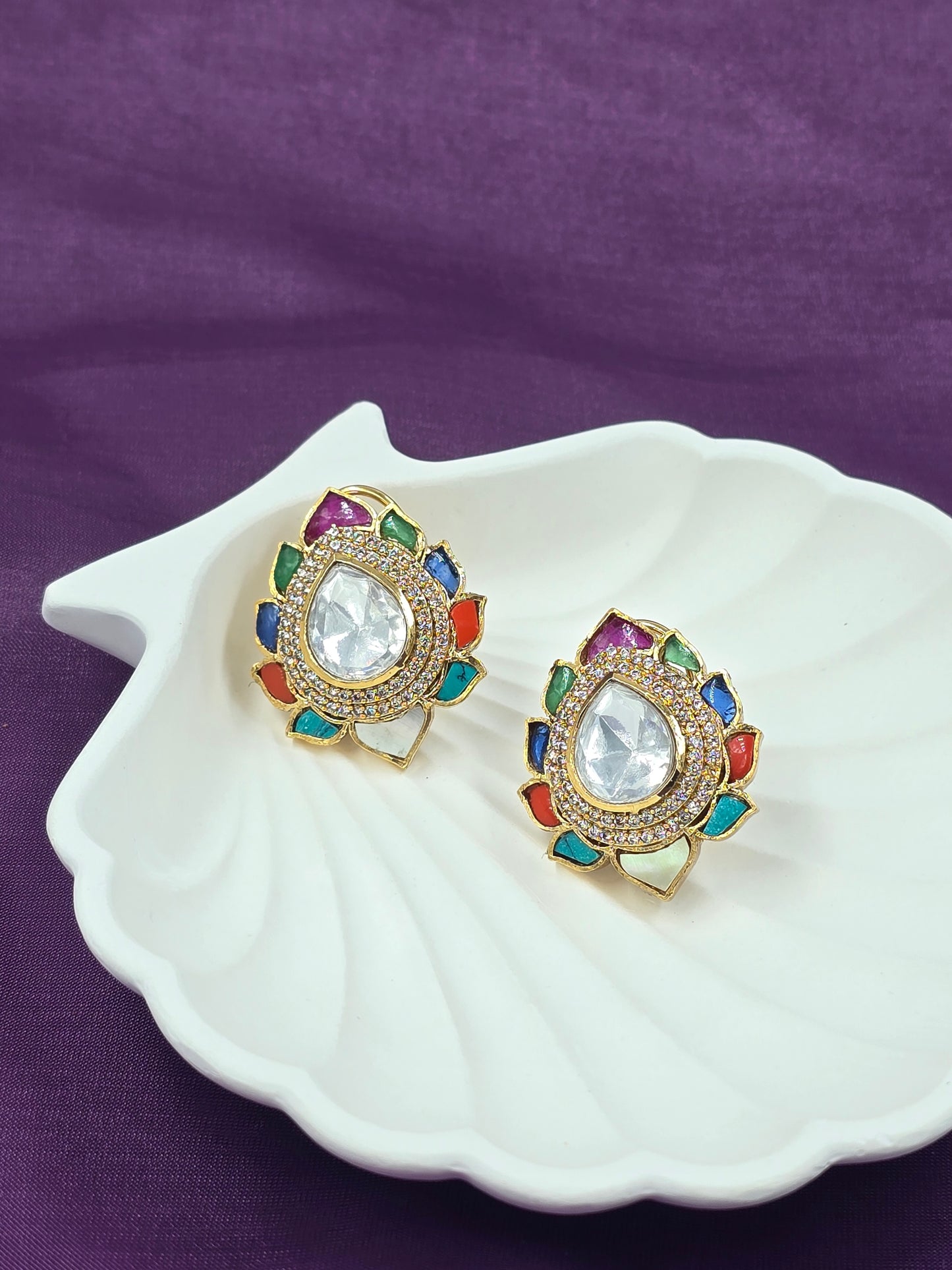 Gold-Plated Drop Polki Statement Stud Earrings