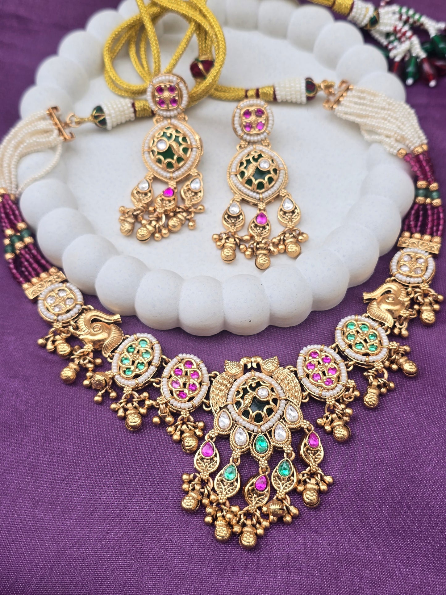 Antique Temple Necklace with Multicolour Stone Detailing