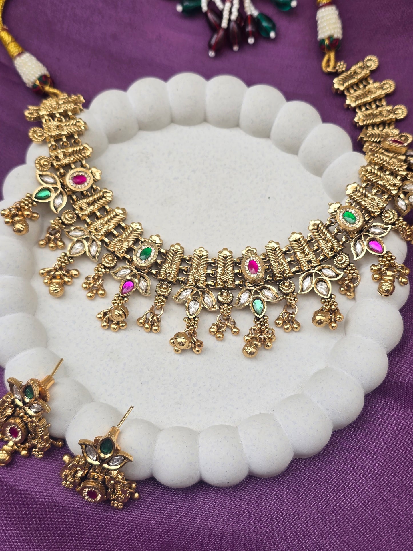 Antique Gold Temple Necklace Set with Multicolour Stones