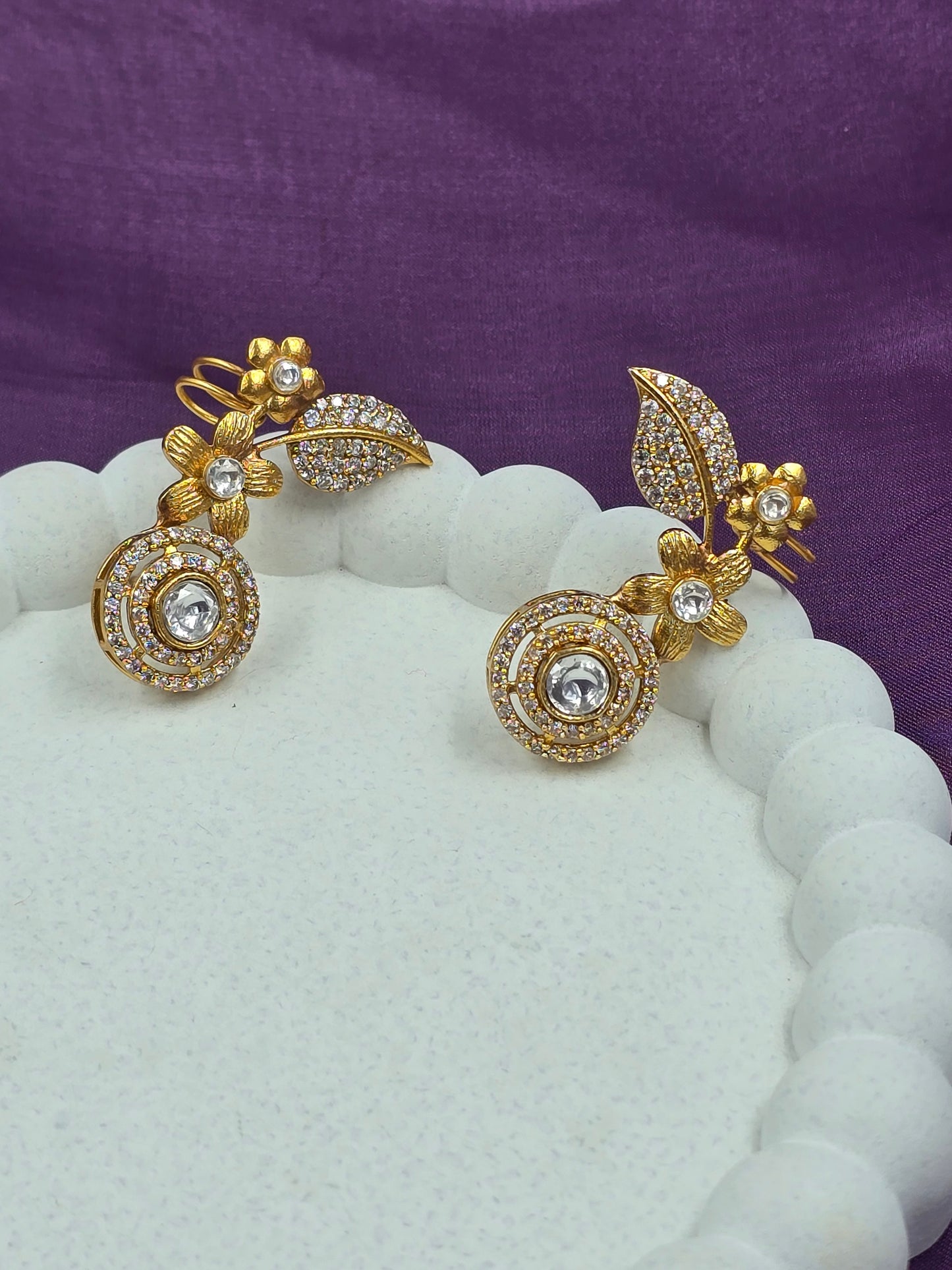 Gold-Plated Floral Polki CZ Earcuff