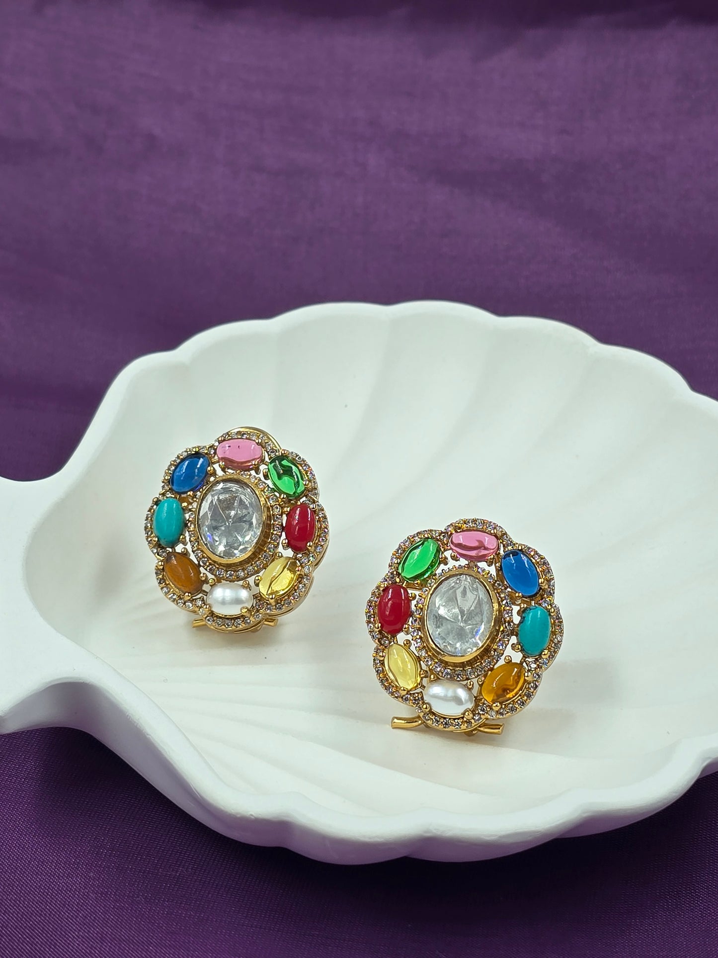 Gold-Plated Oval Polki Statement Stud Earrings