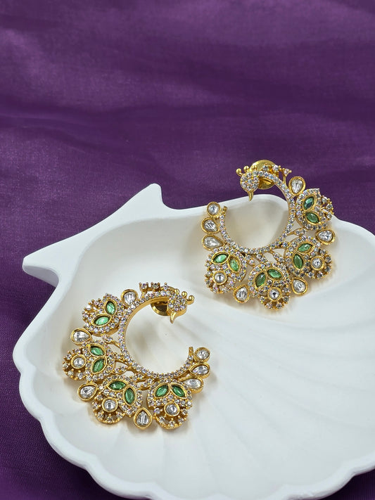 Gold-Plated Peacock-Style Green and Ruby Kundan Hoop Earrings