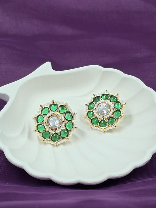 Green Kundan Floral Stud Earrings