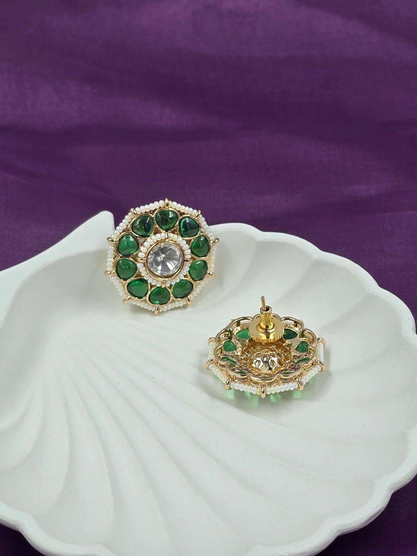 Green Kundan Floral Stud Earrings