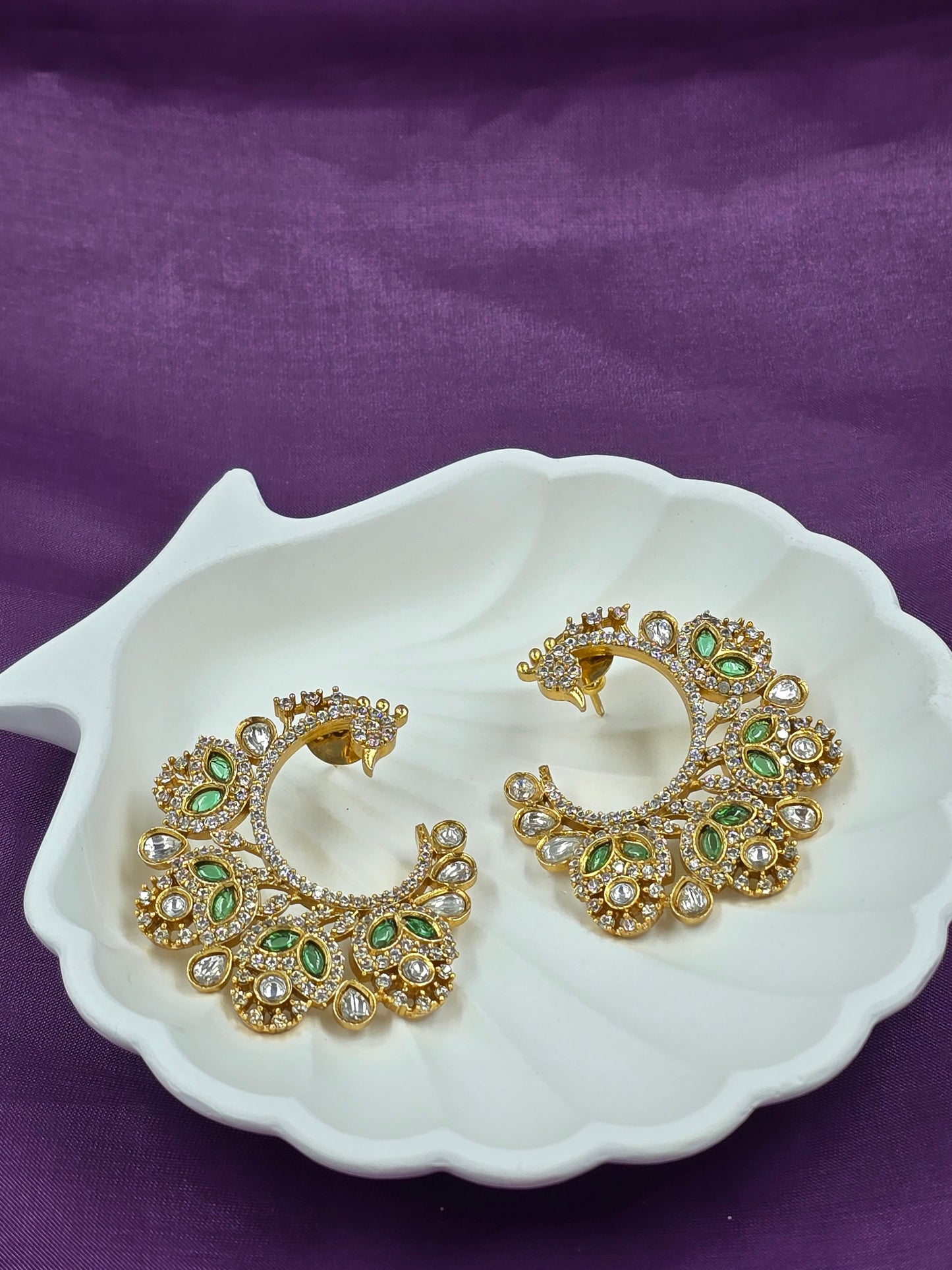 Gold-Plated Peacock-Style Green and Ruby Kundan Hoop Earrings