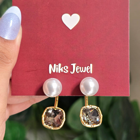 Pearl & Smoky Crystal Drop Earrings.