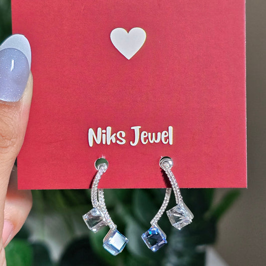 Crystal Cube Drop Hoop Earrings.