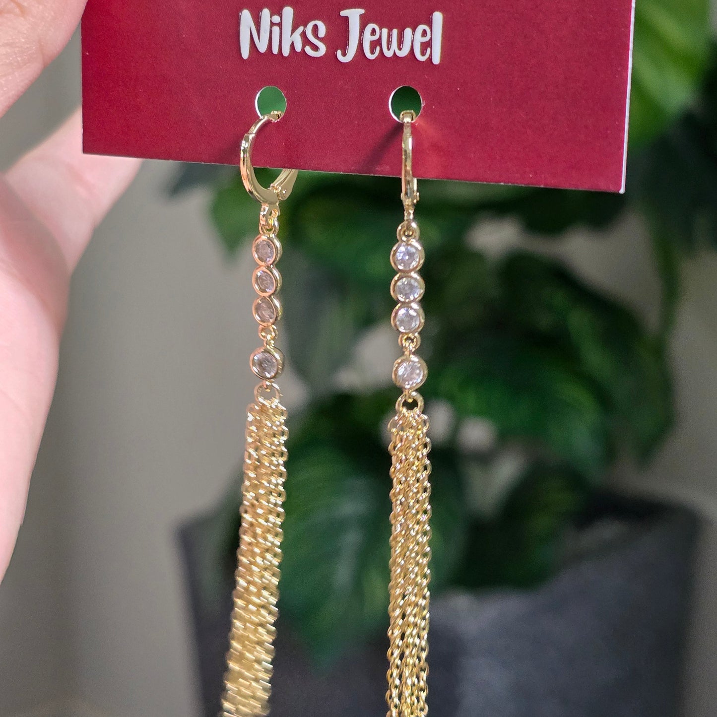 Gold-Tone CZ Tassel Drop Earrings.