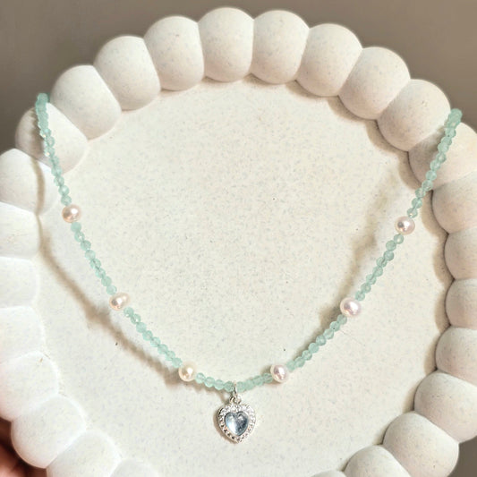 Aquamarine Beaded Pearl Necklace with Crystal Heart Pendant.