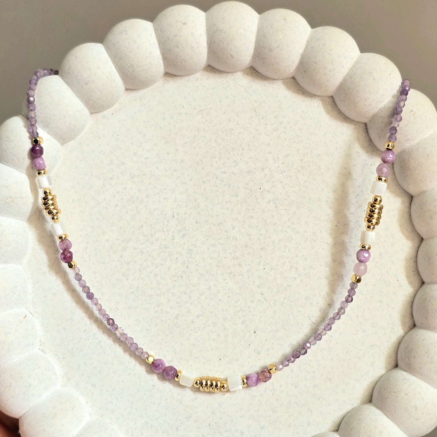 Amethyst Beaded Necklace with Gold and White Accents.