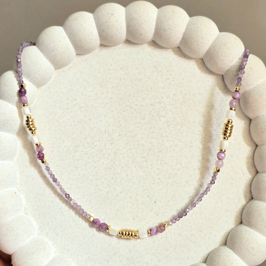 Amethyst Beaded Necklace with Gold and White Accents.
