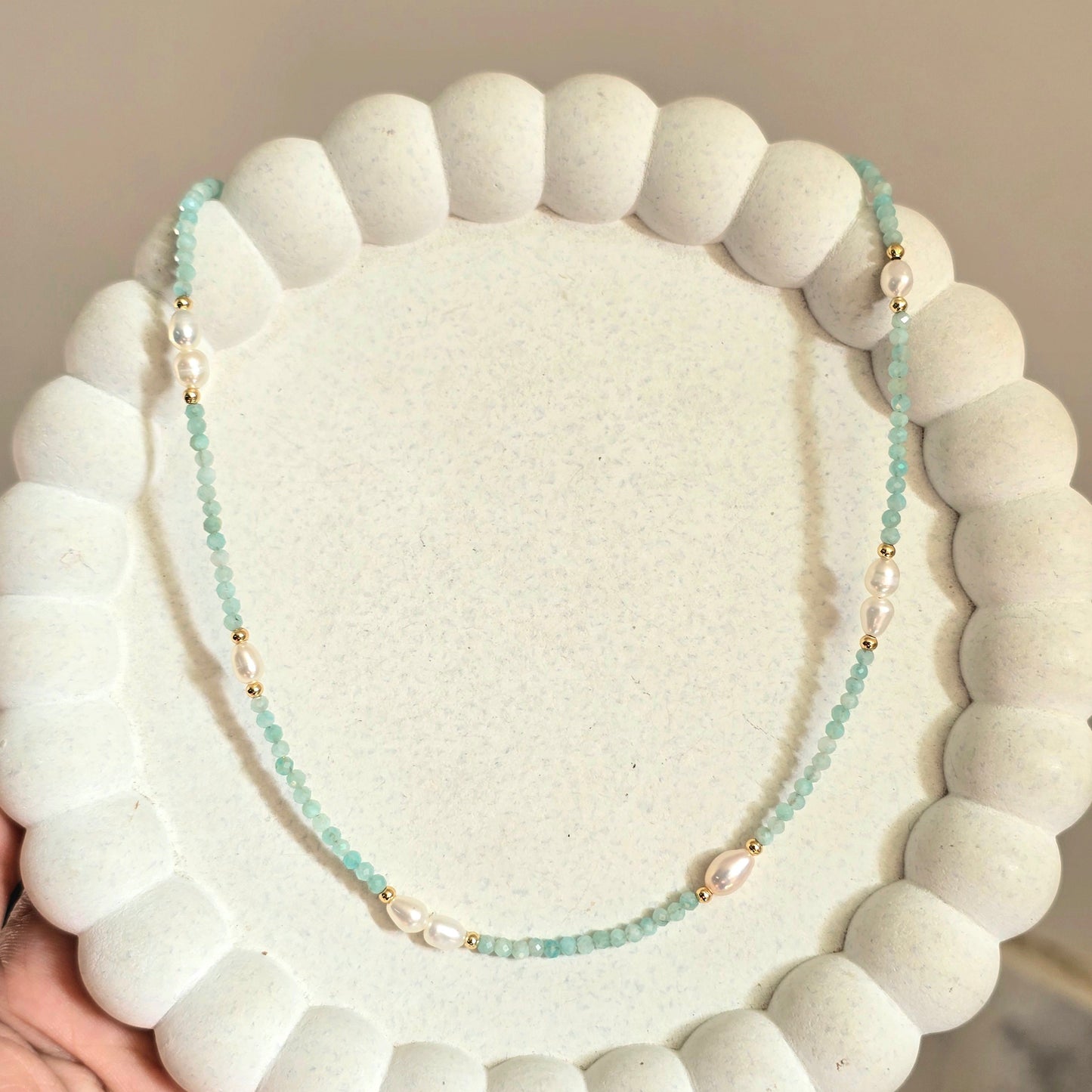 Amazonite Beaded Necklace with Freshwater Pearl Clusters.
