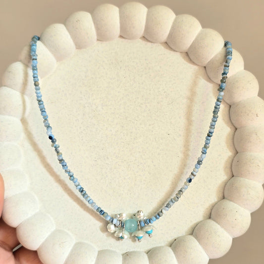 Blue-Grey Beaded Necklace with Charm Cluster Pendant.