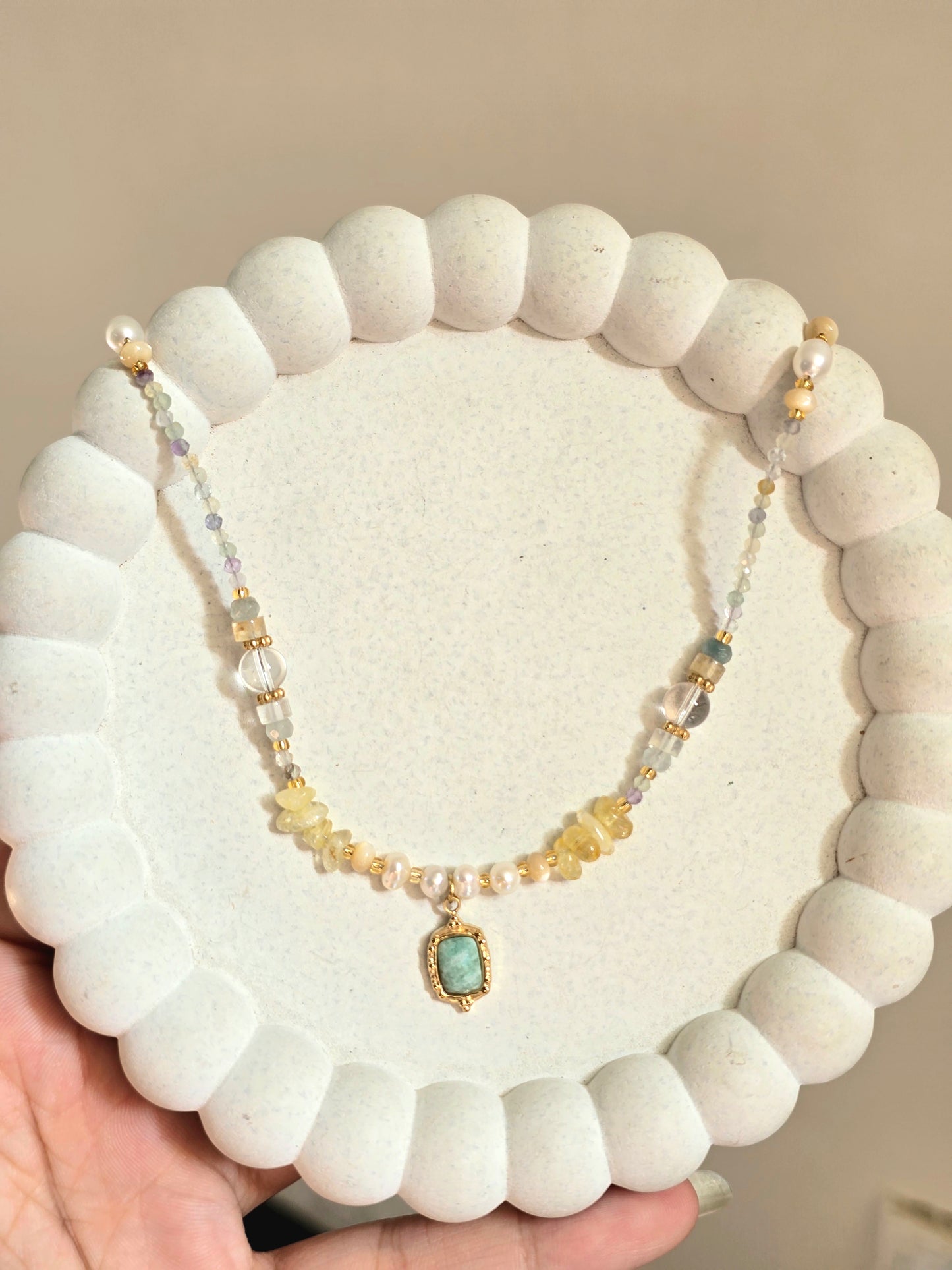 Multi-Gemstone Beaded Necklace with Amazonite Pendant.