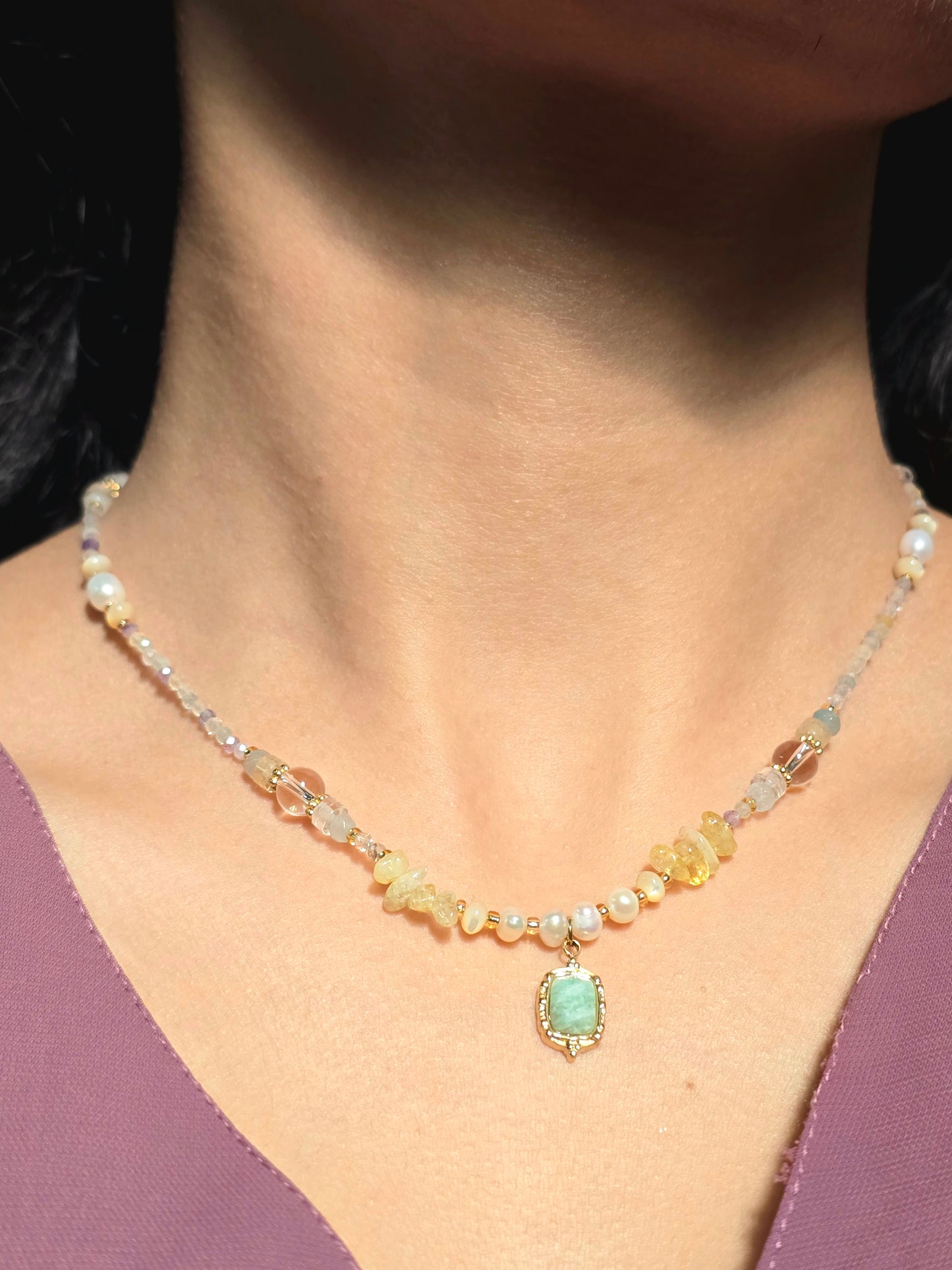 Multi-Gemstone Beaded Necklace with Amazonite Pendant.