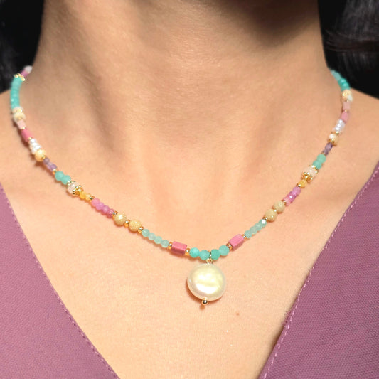 Multicolor Gemstone Beaded Necklace with Coin Pearl Pendant.