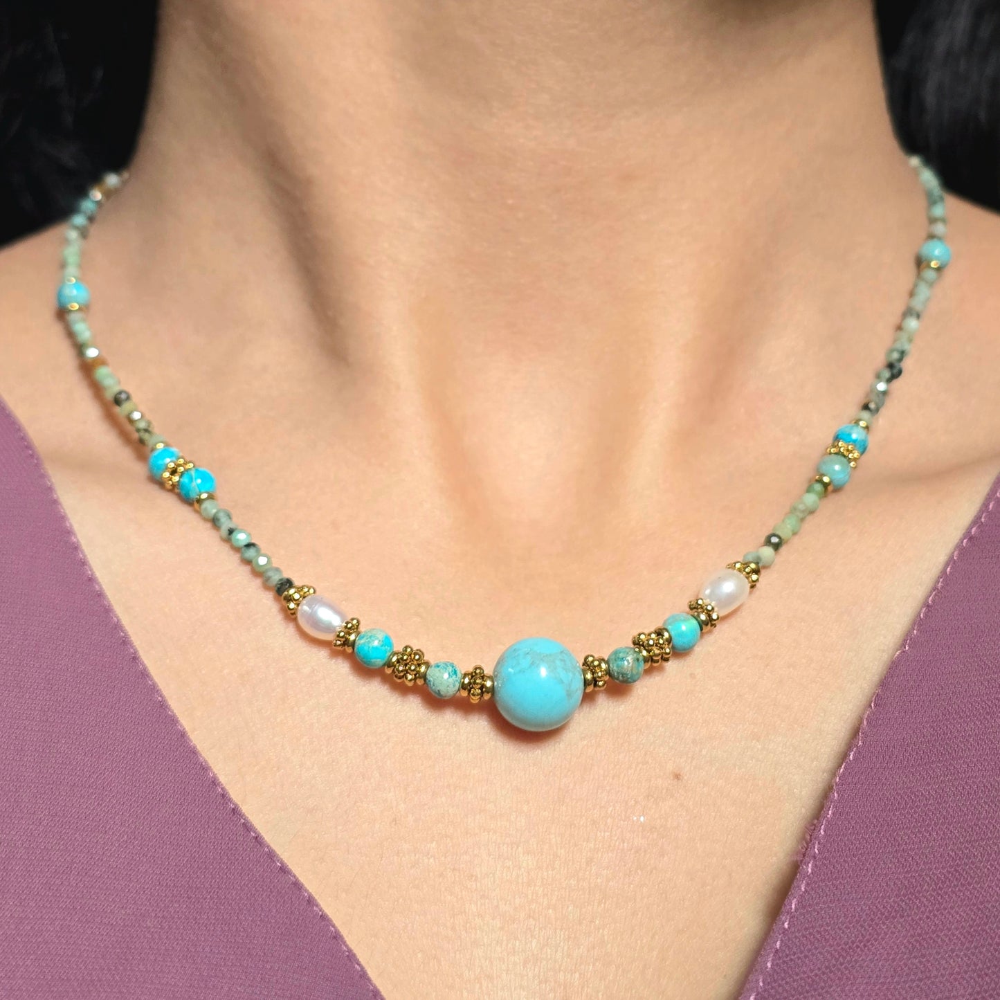 Turquoise Beaded Necklace with Pearl and Gold Spacer Accents.