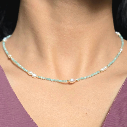 Amazonite Beaded Necklace with Freshwater Pearl Clusters.