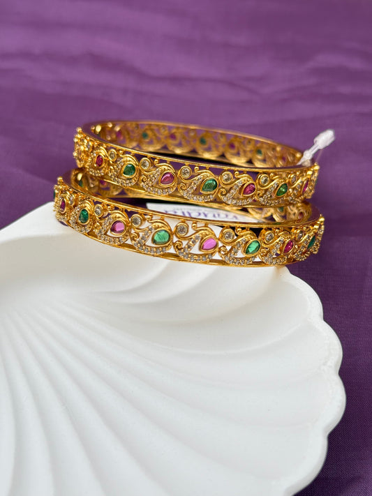 Elegant Gold-Toned Multicolour Stone Bangles In Temple