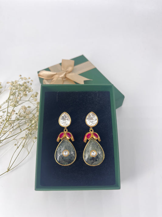 elegant labradorite kundan studded & ruby stone drop earring
